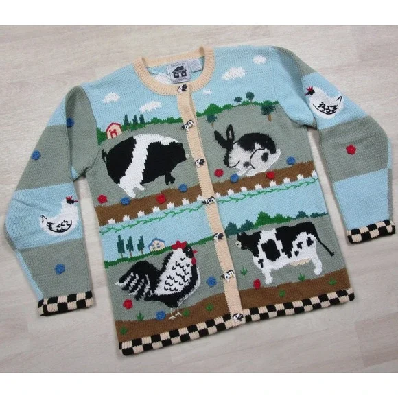 Vintage StoryBook Knits "Dream Farm" Cardigan Womens (M) Cows Animal Teacher - Picture 2 of 16